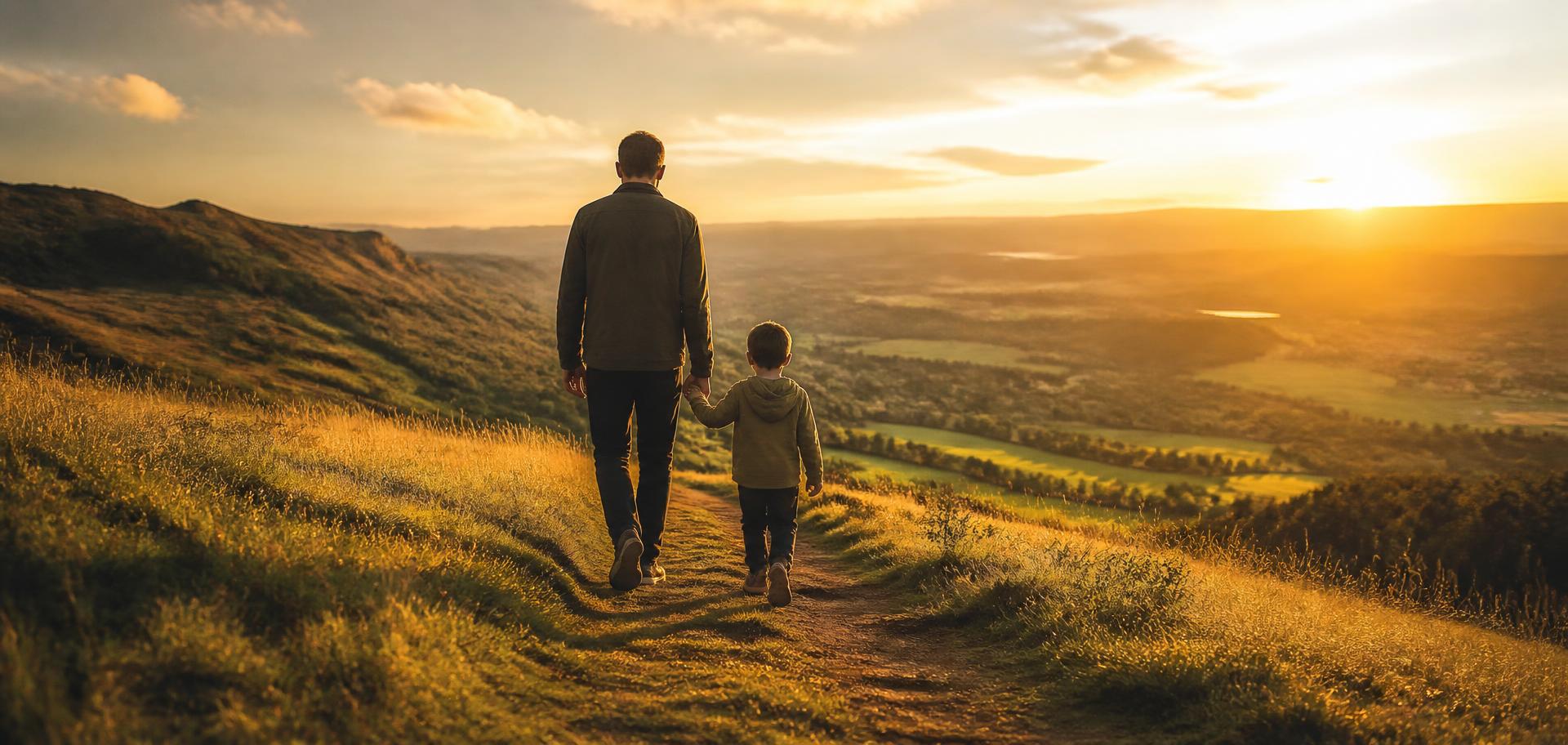 A parent and child walking a hillside path together toward the sunset